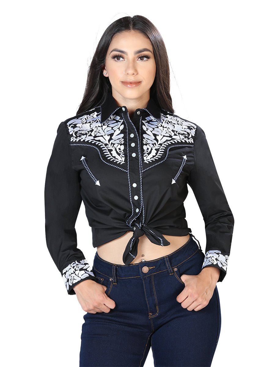 Women Embroidered Western Shirt LS: Black