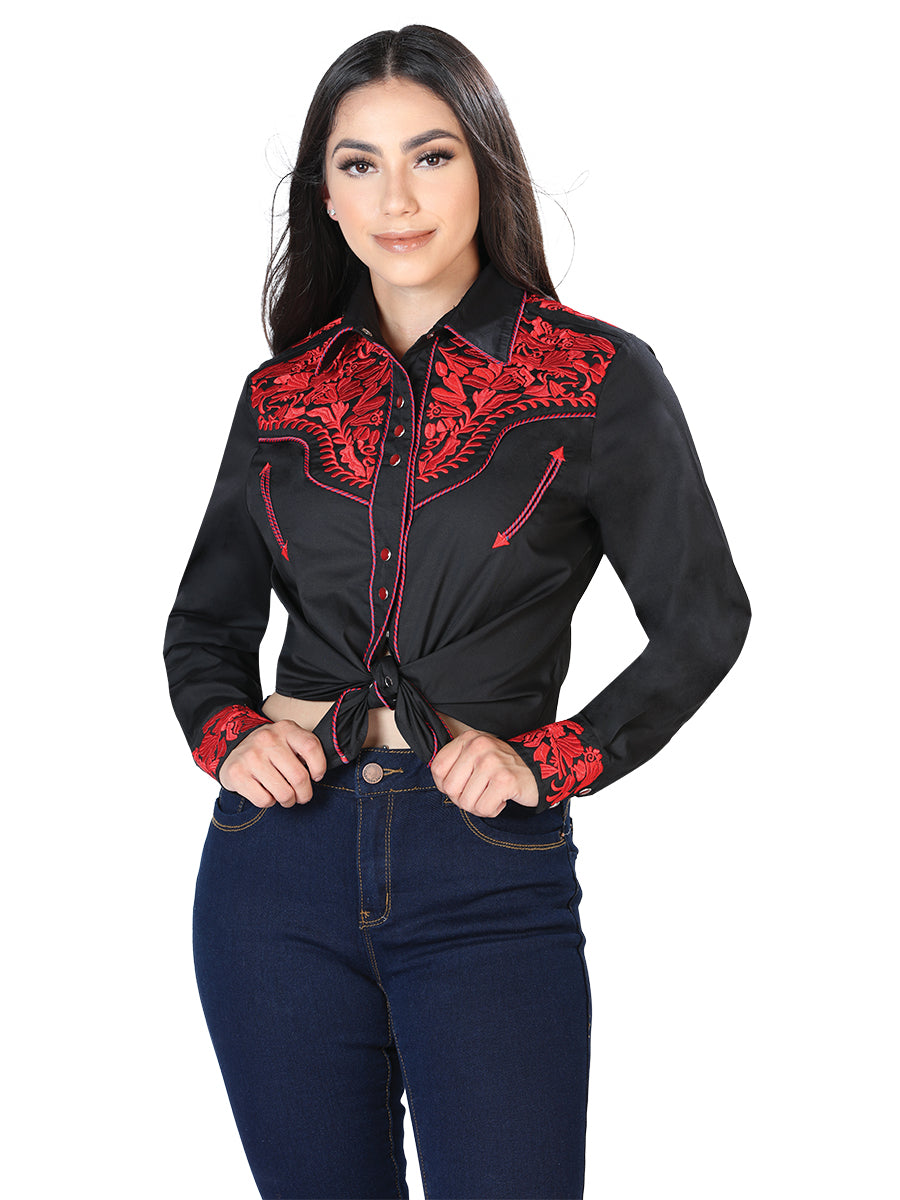 Women Embroidered Denim Shirt LS: Black/Red