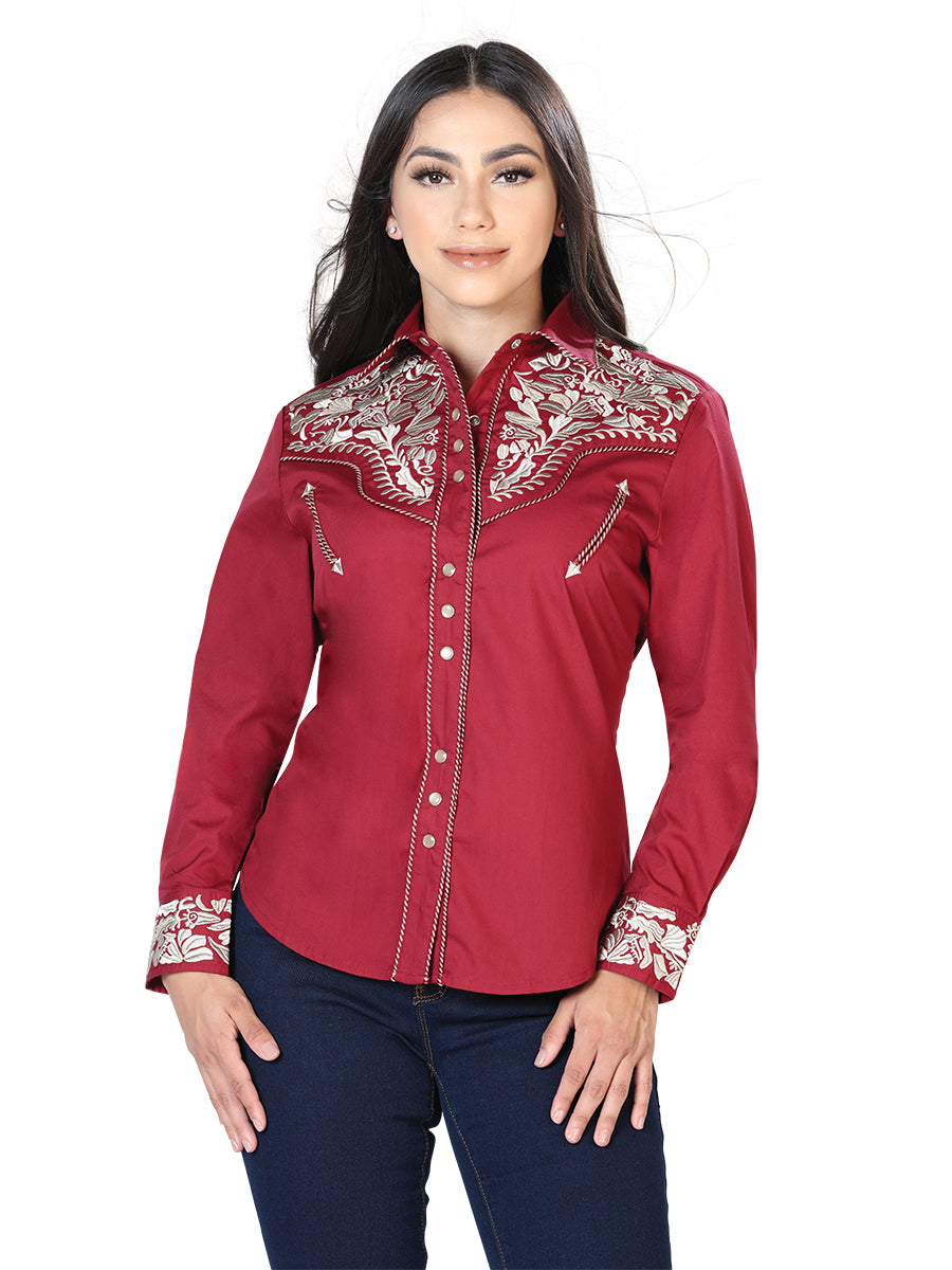 Embroidered LS Westen Shirt for Women: Red/Beige